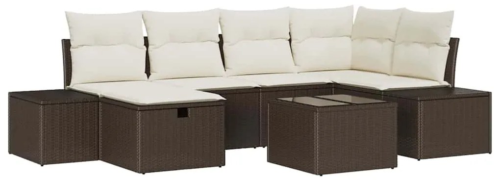 Conjunto de Sofá de Jardim de 7 Peças com Almofadas Marrom Rattan Poly