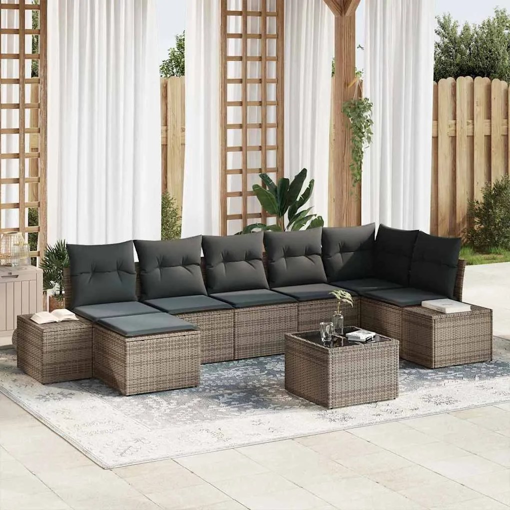 vidaXL Sofá de jardim modular de 7 peças da com almofadas pretas em rattan sintético.