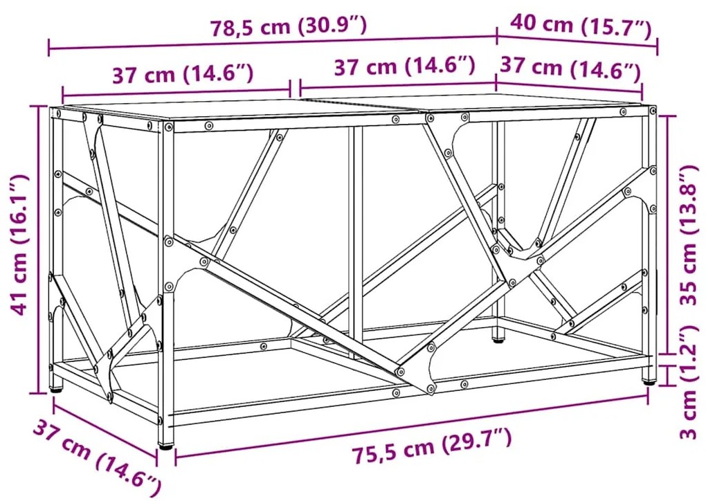 Mesa de centro c/ topo em vidro transparente 78,5x40x41 cm aço