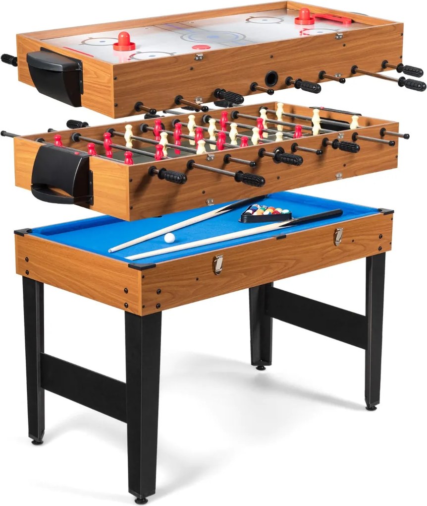 Mesa de jogo multifuncional Crianças 3 em 1 com matraquilhos, bilhar e Air hóquei castanho