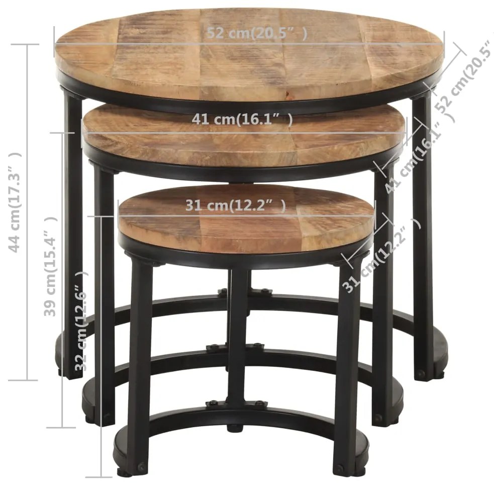 Mesas de apoio 3 pcs madeira de mangueira áspera