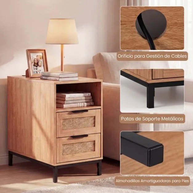 Mesa de cabeceira, Mesa apoio 60 x 35 x 61 cm em rattan com estação de carregamento e 2 gavetas estilo boho Natural e preto