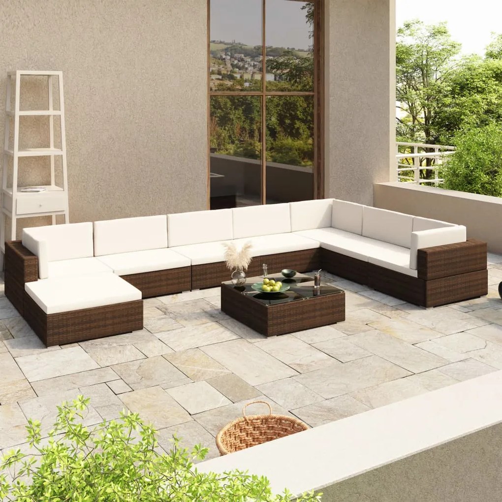 41260 vidaXL 8 pcs conjunto lounge jardim c/ almofadões vime PE castanho