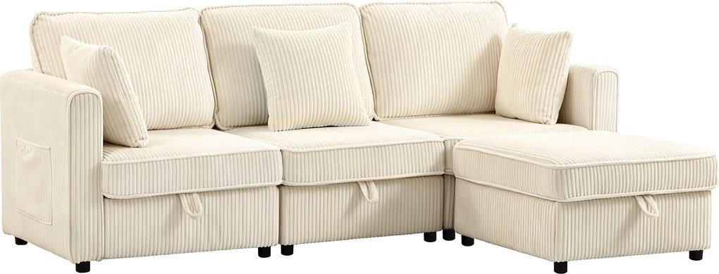HOMCOM Sofá modular em L de 235 cm com arrumação e ottoman em bombazina, creme | Aosom Portugal