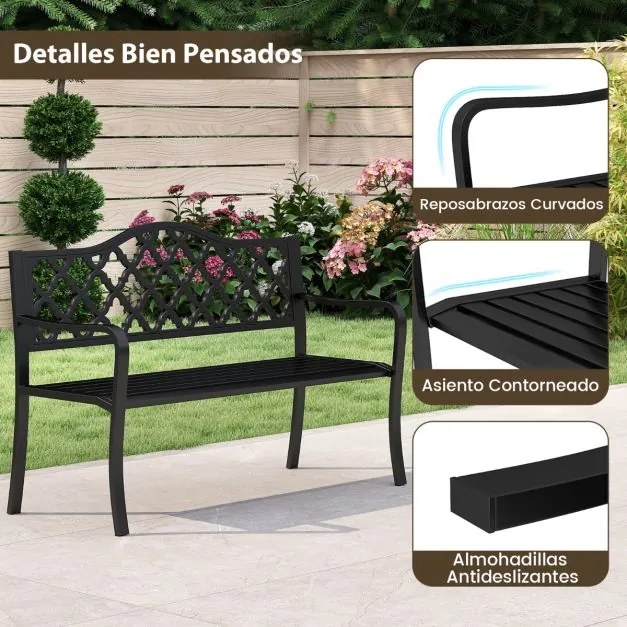 Banco de jardim em metal 54 x 128 x 89 cm com ripas para 2-3 pessoas com braços curvos Assento para varanda Piscina Preto