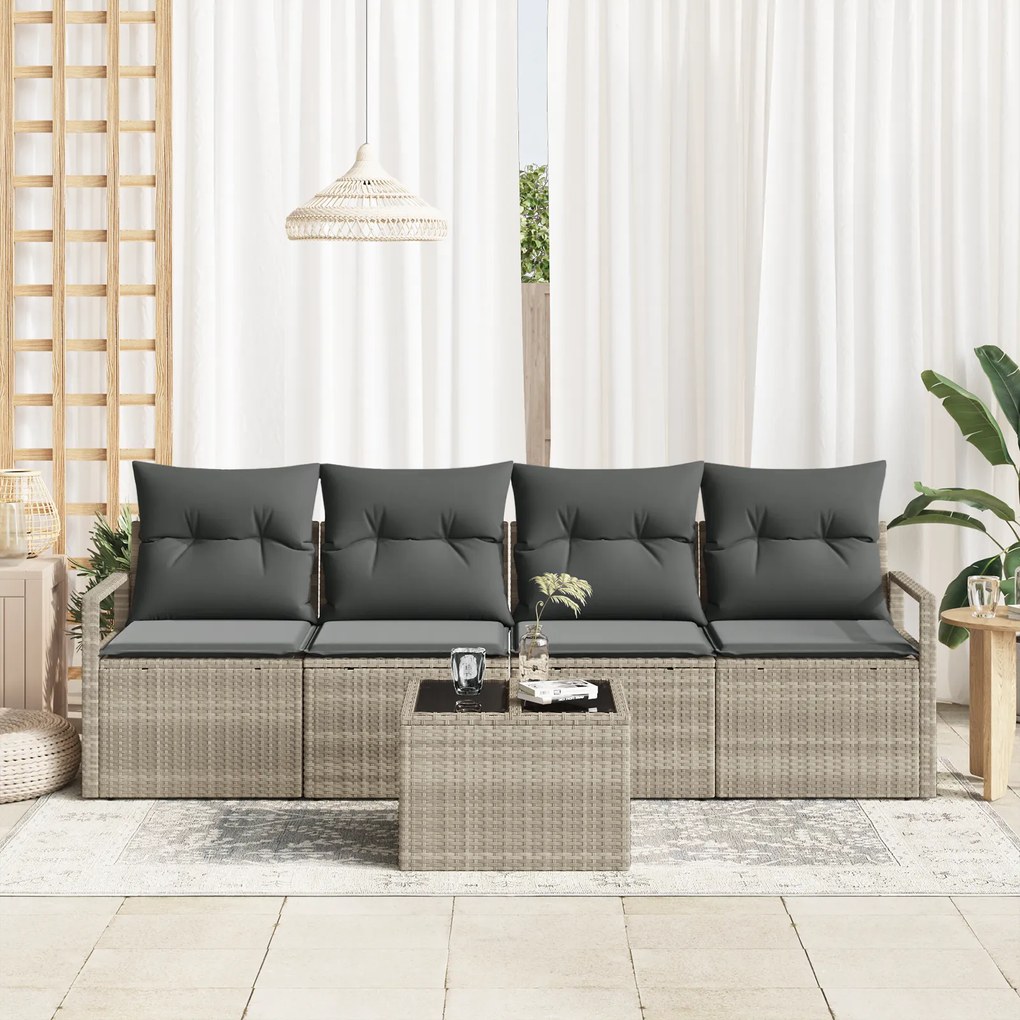 Conjunto de Sofá de Jardim vidaXL 5 Peças com Almofadas Cinza Claro Po