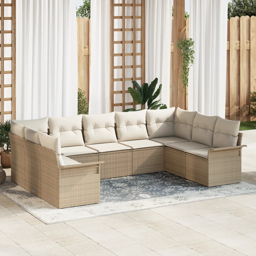 vidaXL Conjunto de Sofá de Jardim 9 Peças com Almofadas Bege Vime Sintético