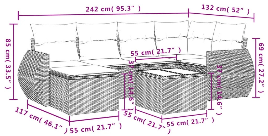 7 pcs conjunto sofás p/ jardim c/ almofadões vime PE cinzento