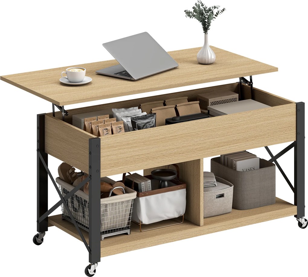 Mesa de Centro Elevatória com Rodas Compartimento Oculto e Prateleiras Abertas 105x50x67 cm Madeira e preto