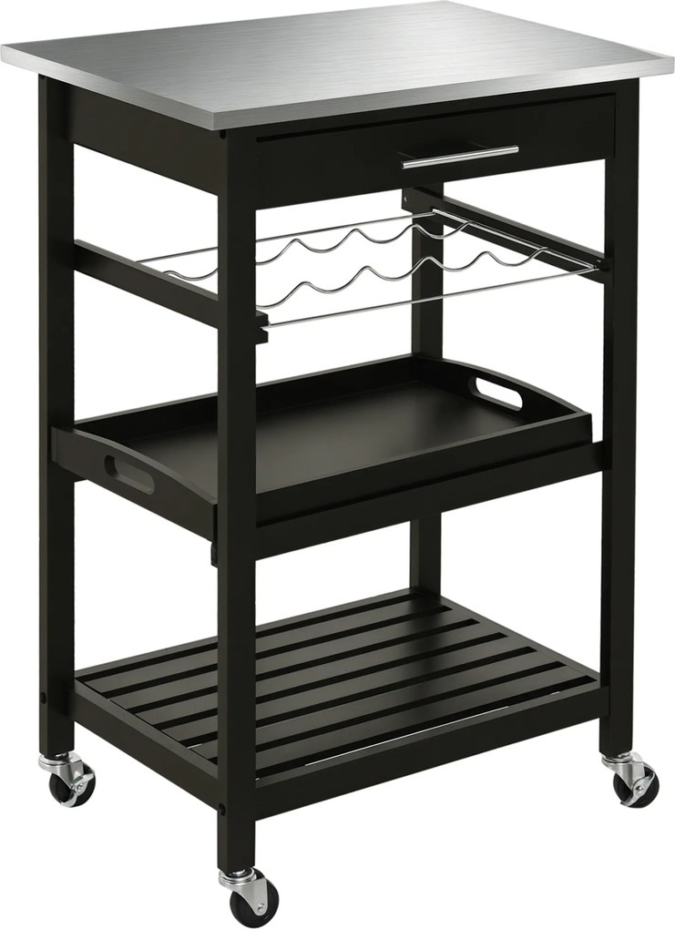 Carrinho de cozinha com prateleira para garrafas, 60L x 40P x 85A cm, tabuleiro em aço inoxidável. Preto