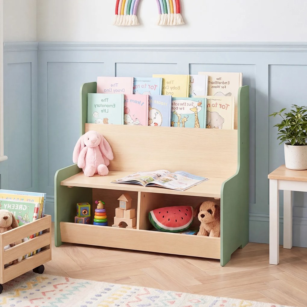 Banco com arrumação infantil 80 x 48 x 74,5 cm, 3 em 1, almofada acolchoada, capa removível, estante e compartimentos abertos para crianças a partir