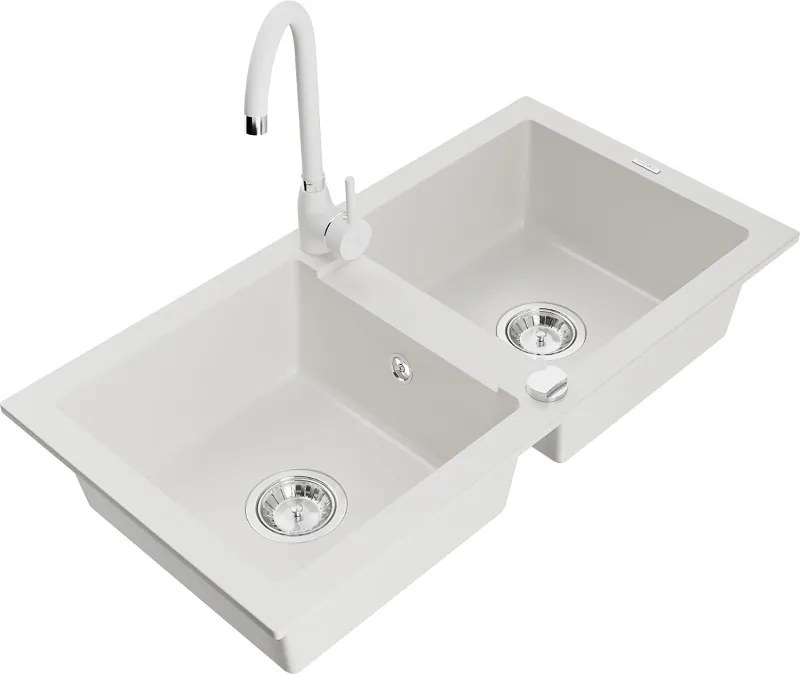 Mexen Mario lava-louça de granito de 2 cubas com torneira de cozinha Telma, branco - 6504-20-670200-20