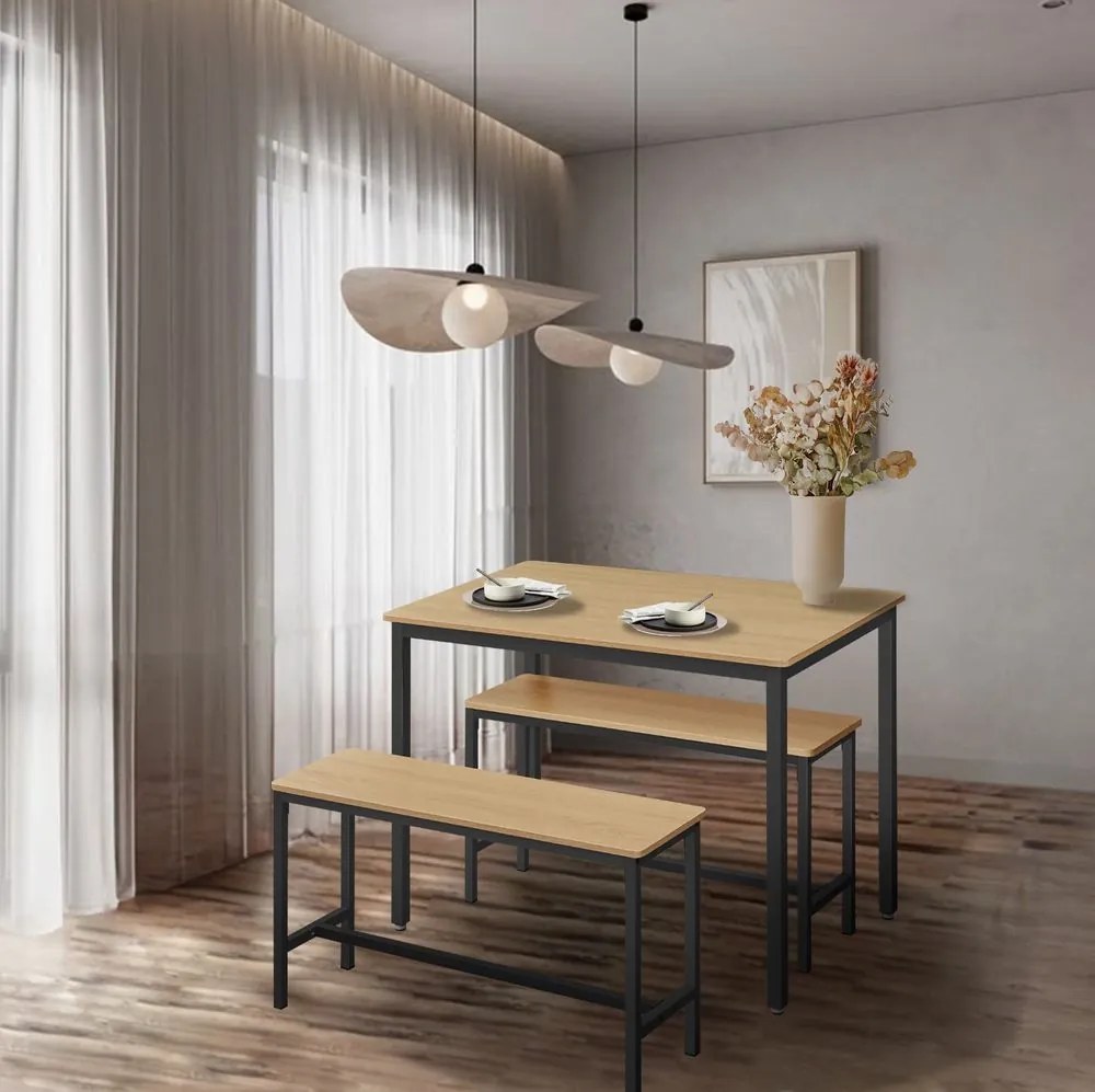 Conjunto Mesa de jantar com 2 bancos, mesa de cozinha, bancos de sala de jantar carvalho-preto