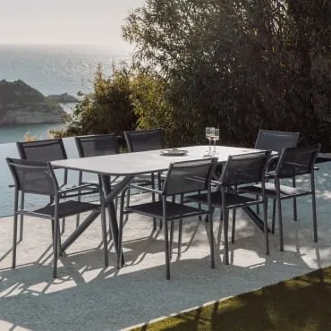 Conjunto De Mesa Retangular 200x95 Cm Em Alumínio Brinela E 8 Cadeiras De Jardim Empilháveis Com Apoios De Braços Em Alumínio Ol Cinza Grafito - Sklum