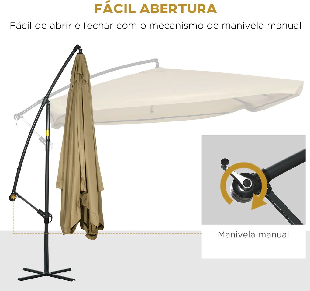 Chapéu de Sol de Jardim 296x296x265cm Chapéu de Sol Excêntrico com Rede Mosquiteira manivela Base Cruzada e Suporte de Aço para varanda Pátio Exterior