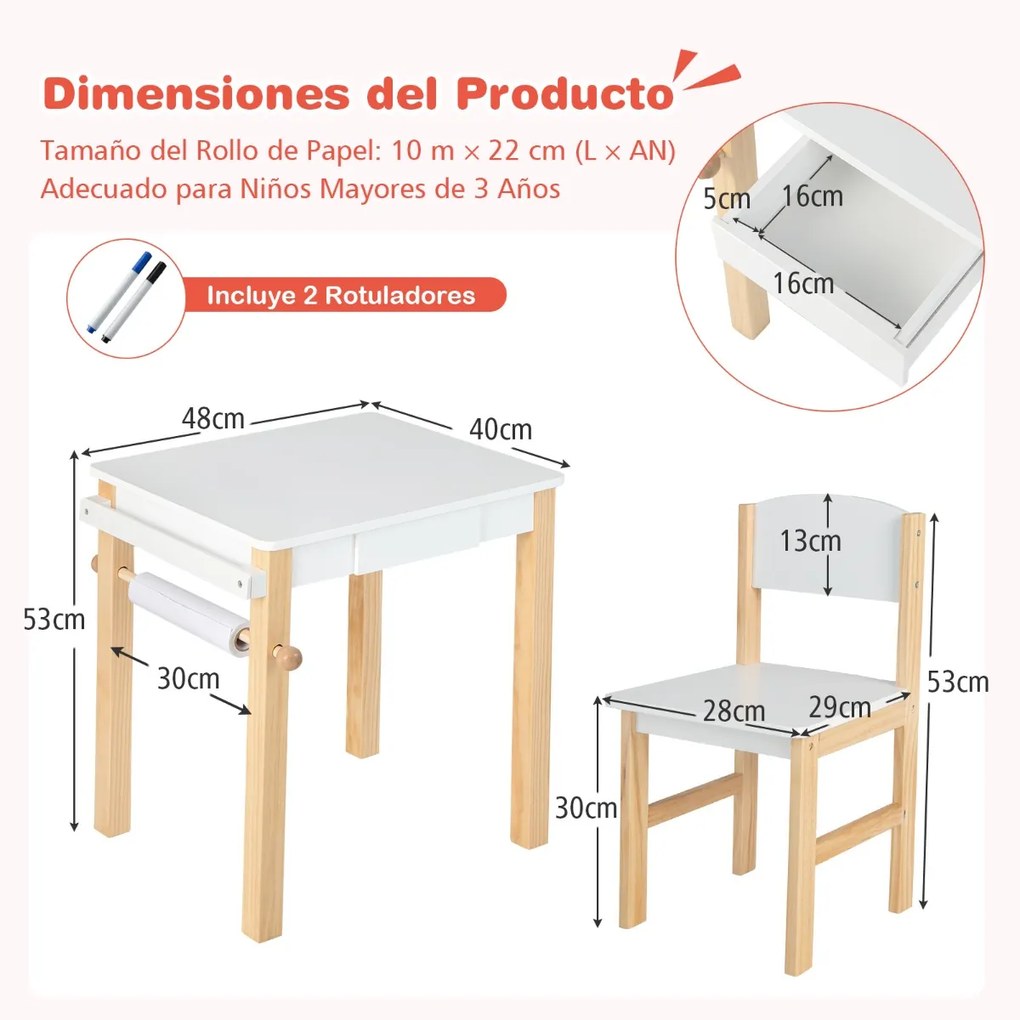 Conjunto de mesa e cadeira de arte para crianças Secretária e cadeira de desenho com pernas de madeira maciça Gaveta Rolo de papel 2 canetas marcadora