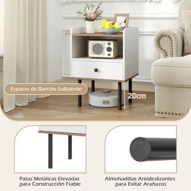 Mesa de cabeceira 40,5 x 35 x 56 cm com gaveta e prateleira aberta Pernas de metal Mesa auxiliar compacta para sala ou quarto Branco