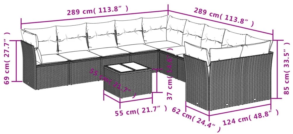 11 pcs conjunto sofás de jardim c/ almofadões vime PE cinzento