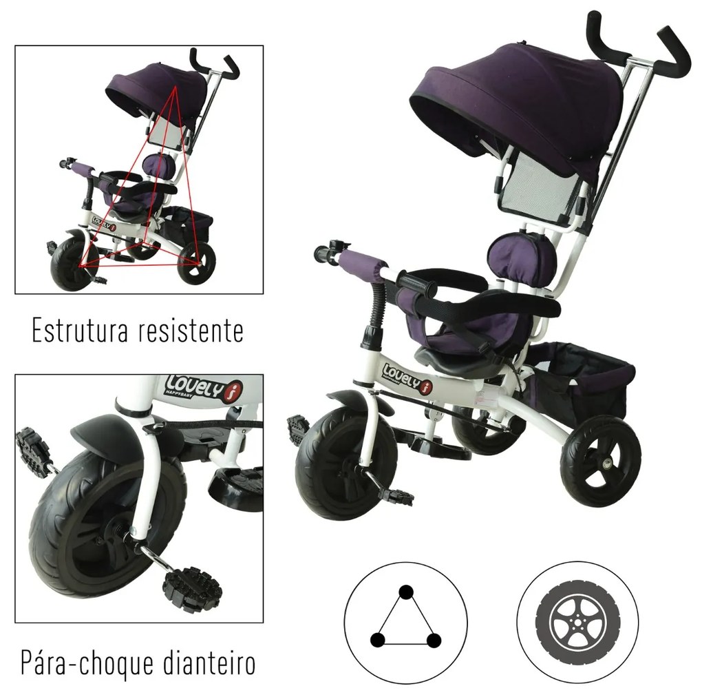 Triciclo para Crianças com Capota– Cor: Roxo e Branco– Ferro, Plástico e Tela– 92 x 51 x 110 cm
