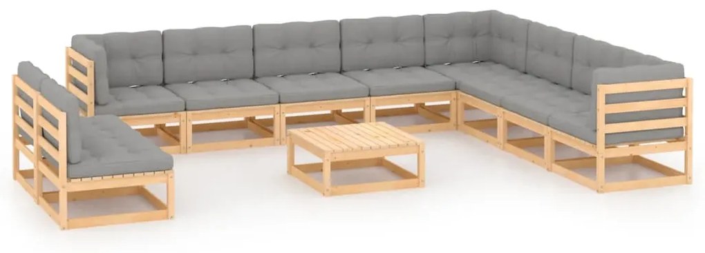 11 pcs conjunto lounge de jardim c/ almofadões pinho maciço