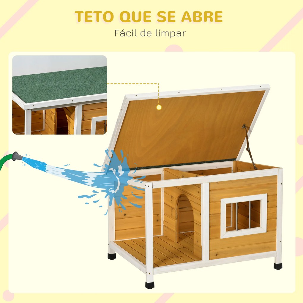 Casa para Cães de Madeira 85,5x62x60cm Casa para Animais de Estimação Casa para Cães com Teto Asfáltico Impermeável e Janela para Interior e Exterior