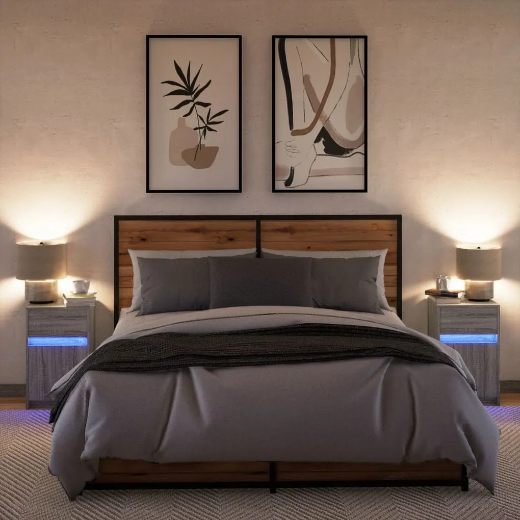 Mesas cabeceira c/ LEDs 2 pcs derivados madeira cinza sonoma