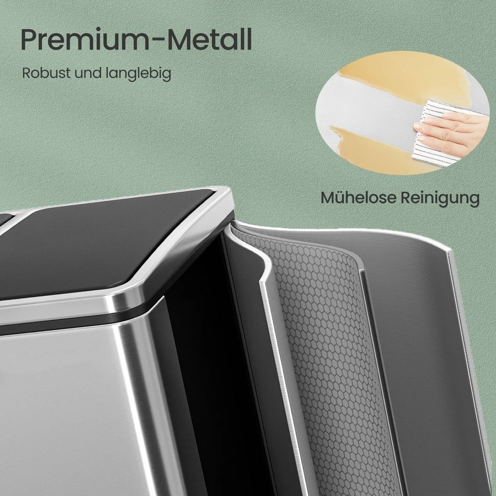 Caixote do lixo com 2 compartimentos 41 x 31,5 x 47 cm prateado