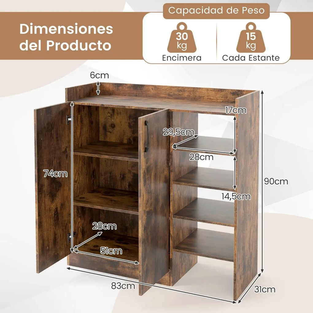 Sapateira 83 x 31,5 x 91 cm para guardar sapatos com prateleiras ajustáveis em 3 posições Castanho
