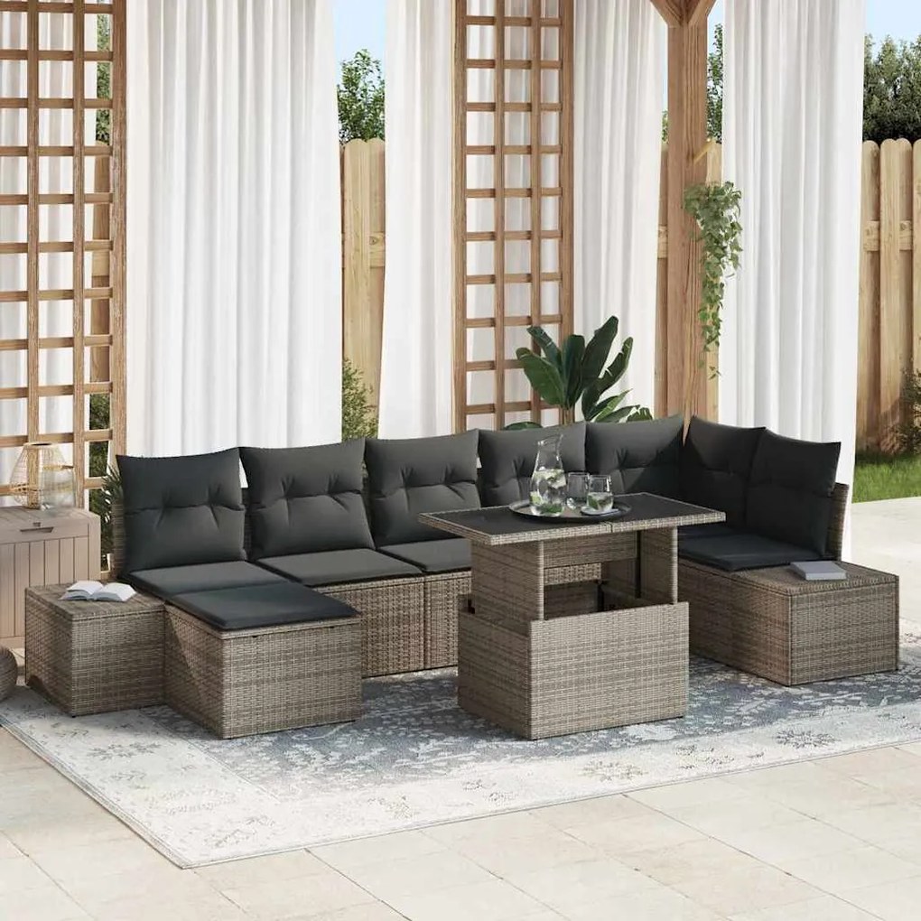 vidaXL Conjunto de Sofá de Jardim com 8 Peças e Almofadas Cinza Rotim
