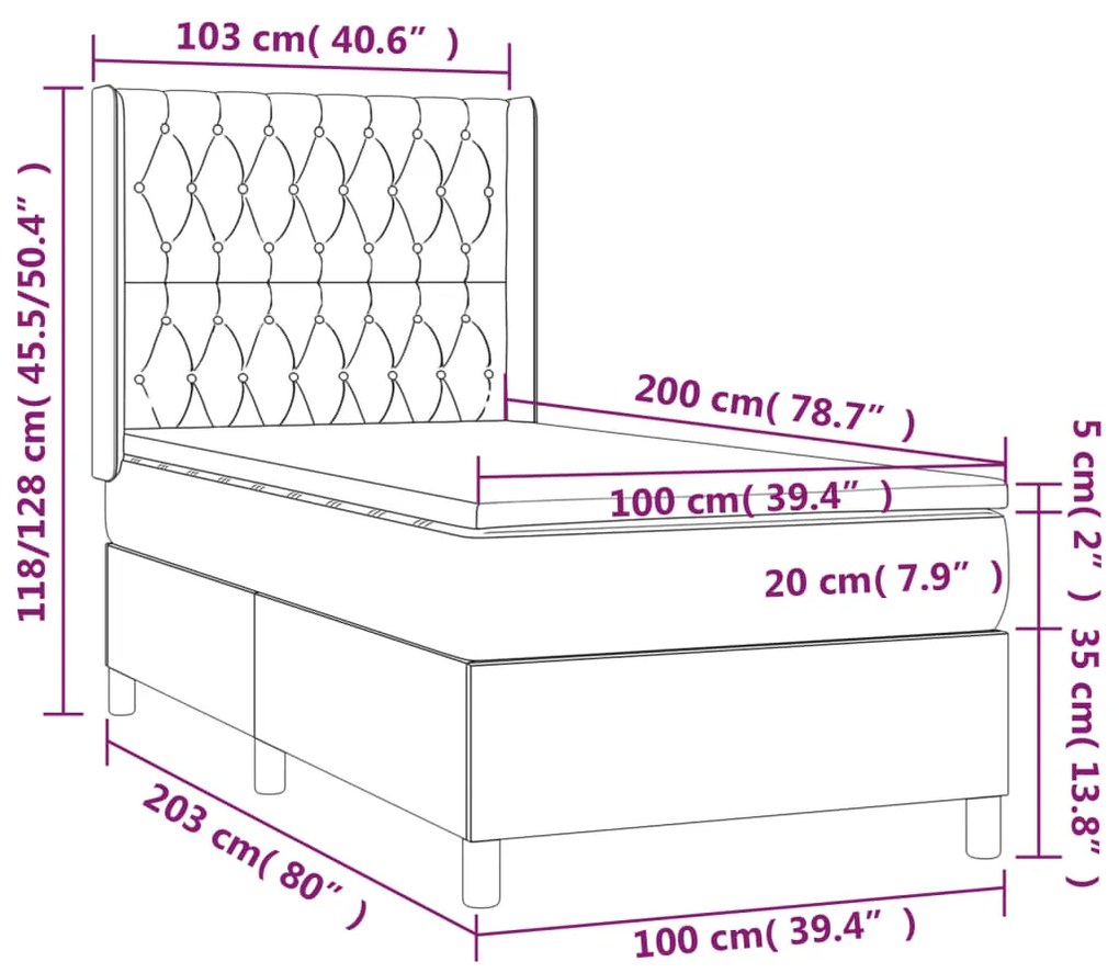 Cama box spring c/ colchão e LED 100x200 cm tecido azul