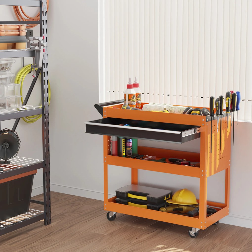 Carrinho de Ferramentas para Oficina, 82 x 35 x 76 cm, 3 Níveis, Laranja