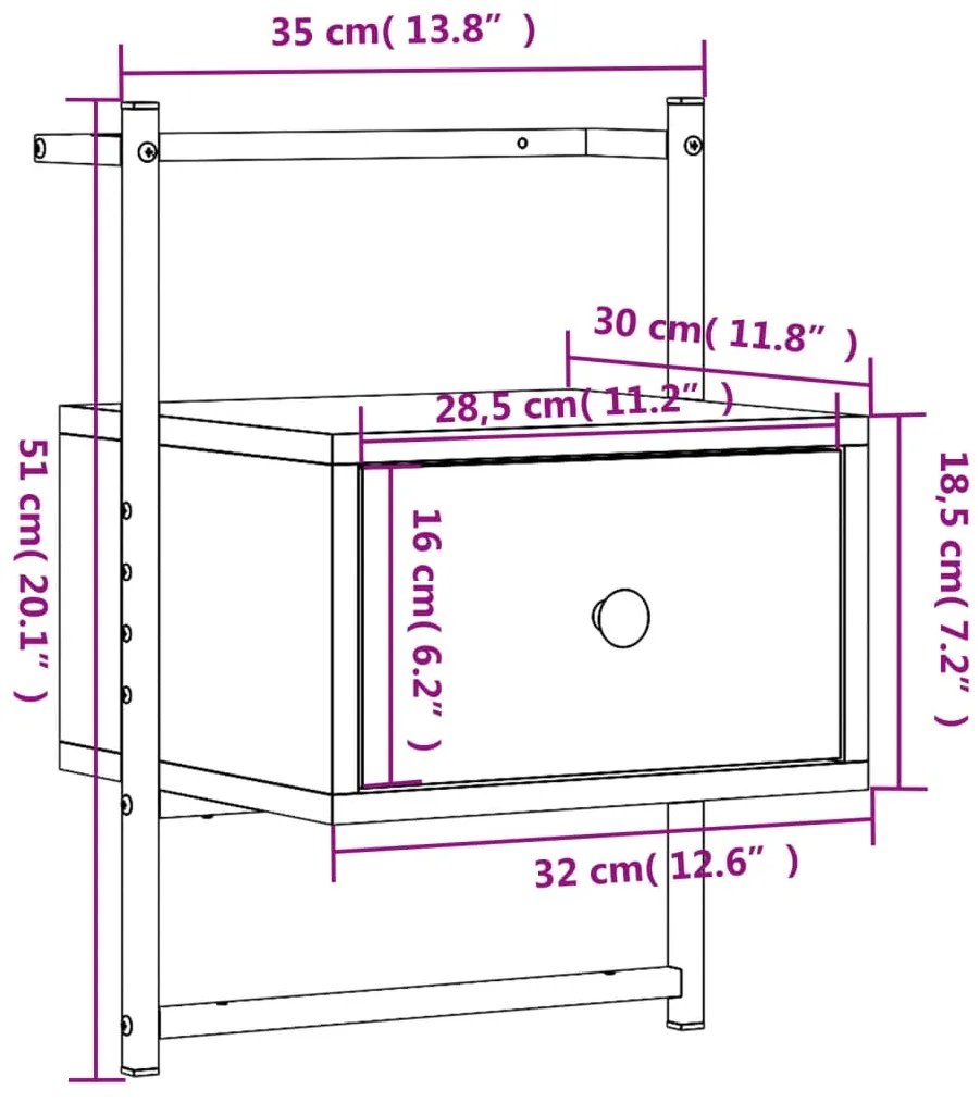 Mesa cabeceira parede 35x30x51 deriv. madeira carvalho castanho