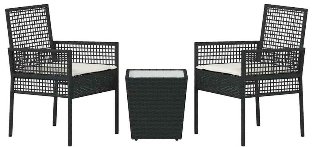 Conjunto de Bistro de Jardim 3 Peças com Almofadas Preto Rattan Sintét