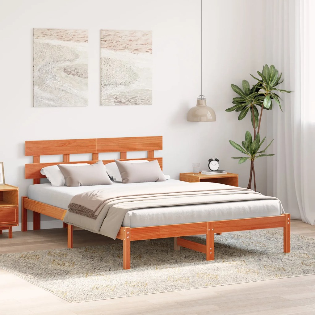 Estrado de Cama com Cabeceira Castanho Encerado 160x200 cm Madeira Sól