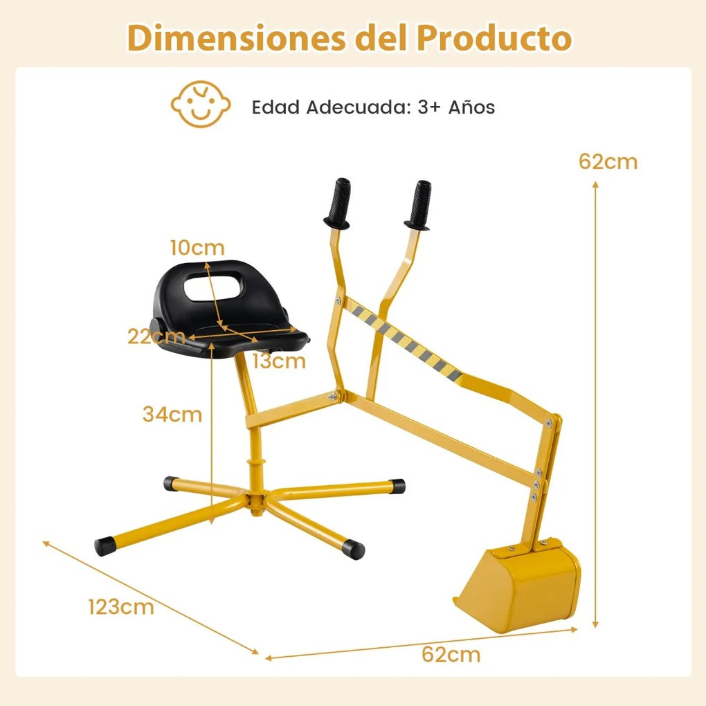 Escavadora de areia para crianças com controlos de duas mãos e pá flexível, assento giratório 360° e encosto 123 x 62 x 62 cm amarelo