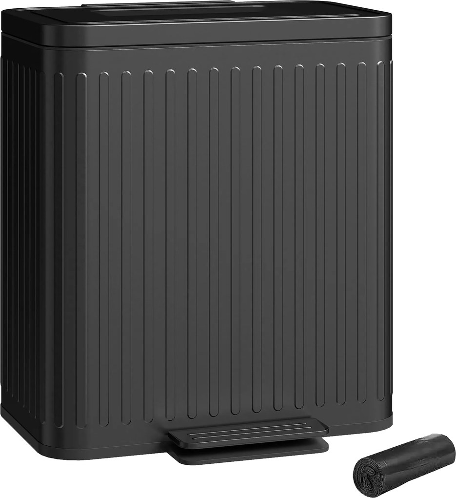 Caixote do lixo com dois compartimentos de 2 x 20 L, 45,5 x 36,5 x 51 cm com pedal, baldes interiores removíveis, preto