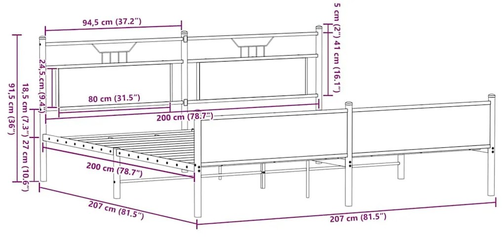 Estrutura cama sem colchão 200x200cm metal carvalho castanho