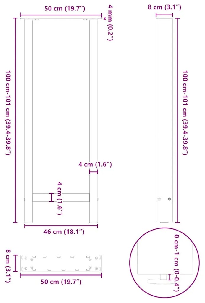 Pés de mesa de bar em aço natural, 2 peças, 50x (100-101) cm, aço