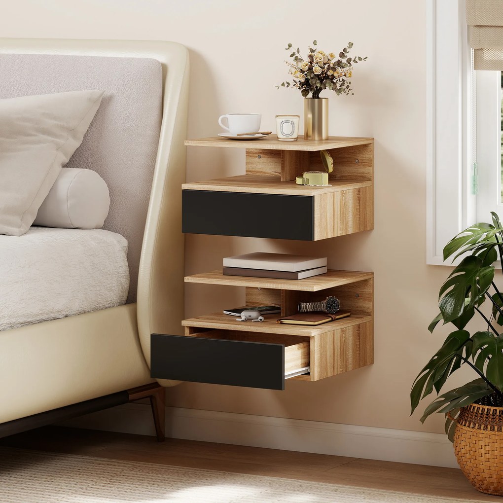 Conjunto de 2 Mesas de Cabeceira Suspensas com Gaveta Montadas na Parede 35x32x22,5 cm Carvalho e Preto