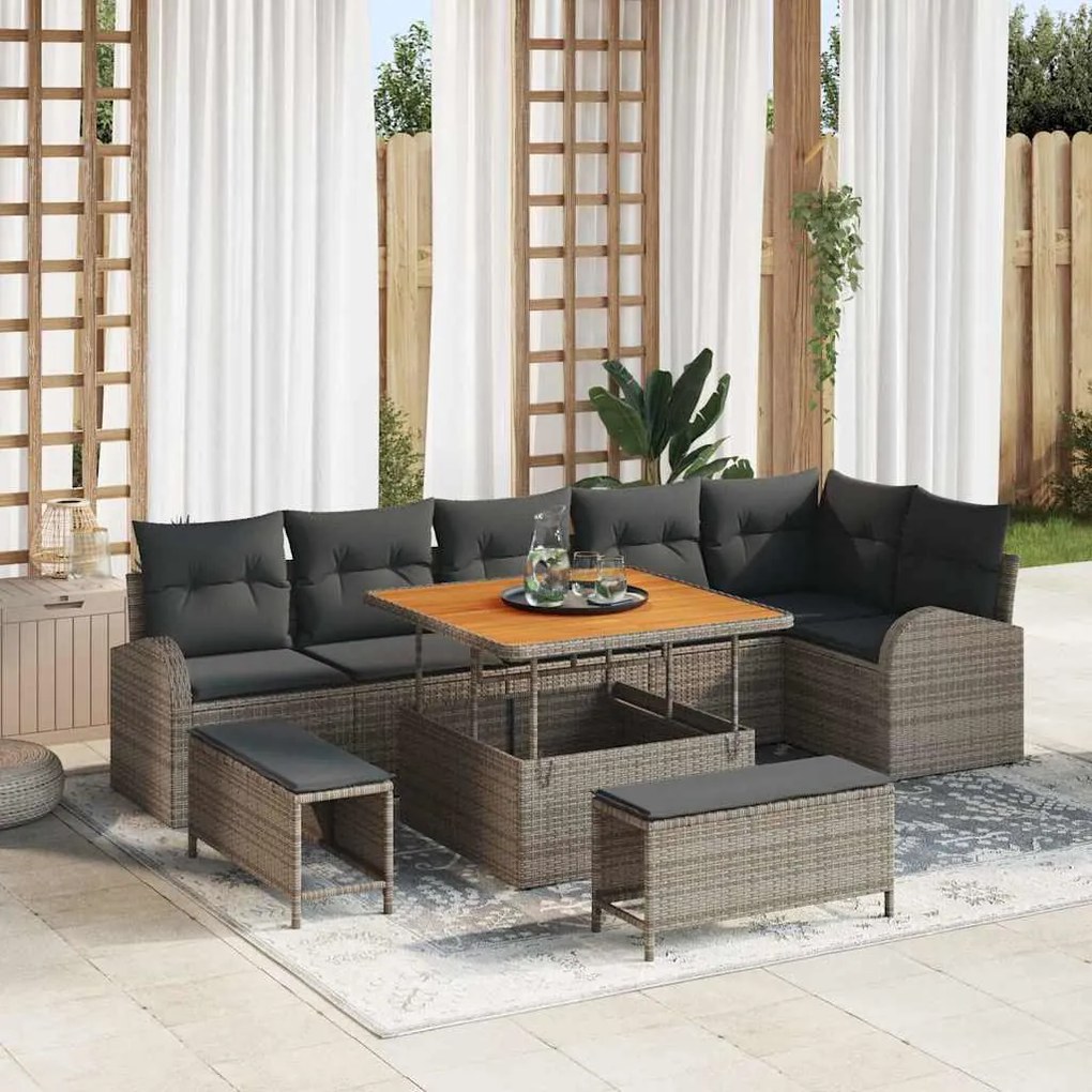 vidaXL Conjunto de Sofá de Jardim de 9 Peças com Almofadas Cinzas em Polyrattan e Acácia