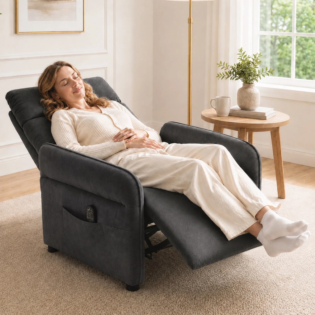 Cadeirão de Massagem com Calor, Reclinação Push-Back 135°, Apoio para os Pés, Apoios de Braços Ajustáveis e 2 Bolsos, Cinzento-Escuro