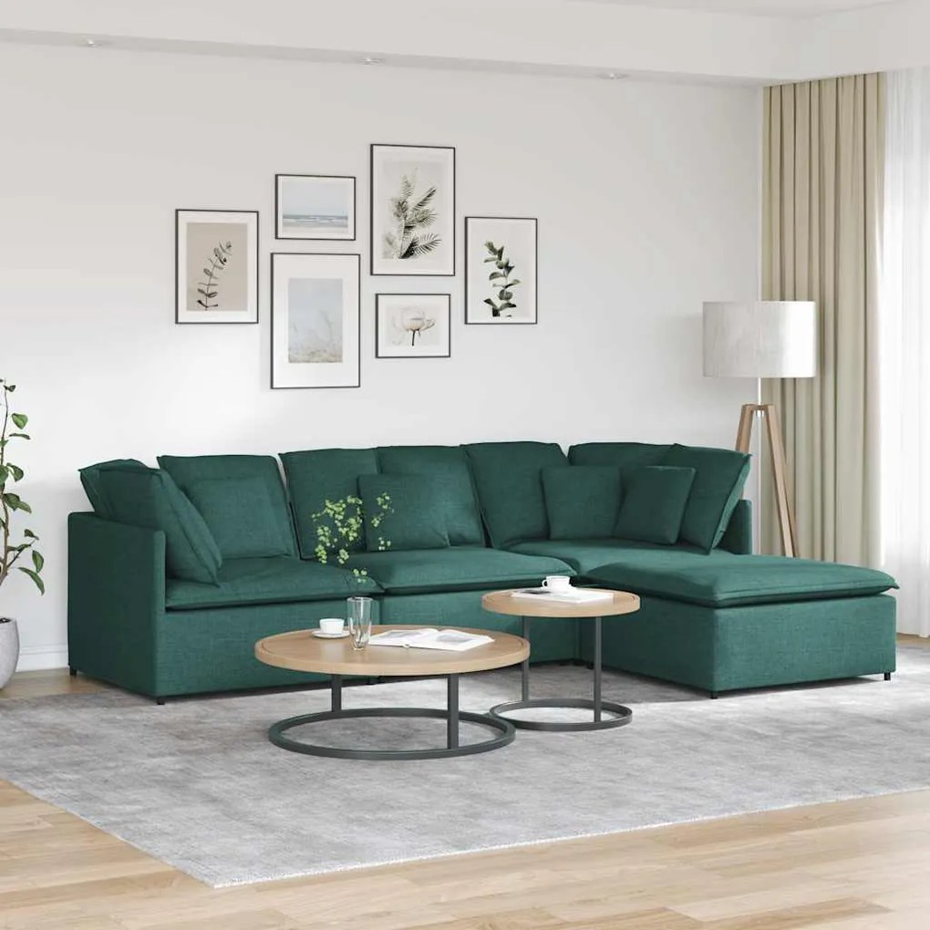 vidaXL Sofá modular com pufes e almofadas tecido verde-escuro