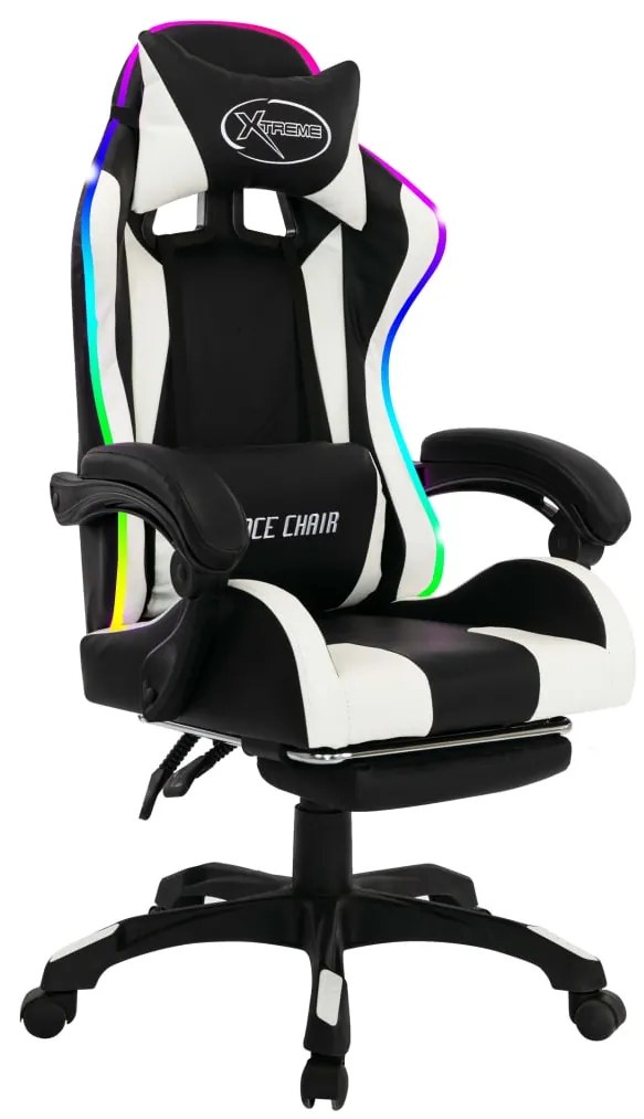 Cadeira estilo corrida luzes LED RGB couro artif. branco/preto