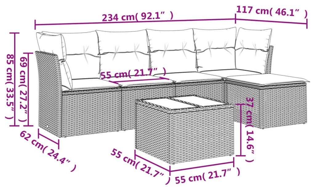 6 pcs conjunto sofás de jardim com almofadões vime cinzento