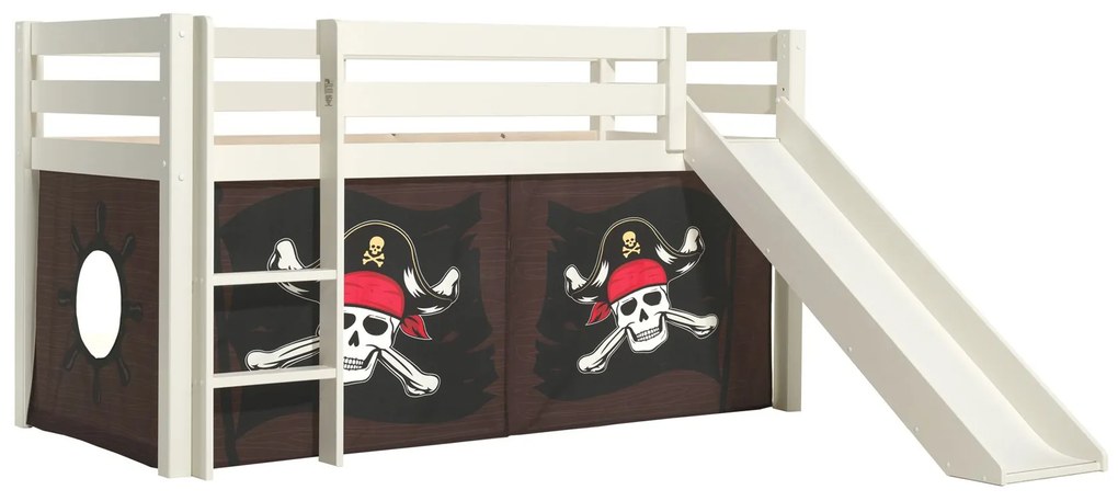Cama alta de Criança PINO 90 x 200 cm + estrado + escada + escorrega + cortina Piratas das Caraibas Branca
