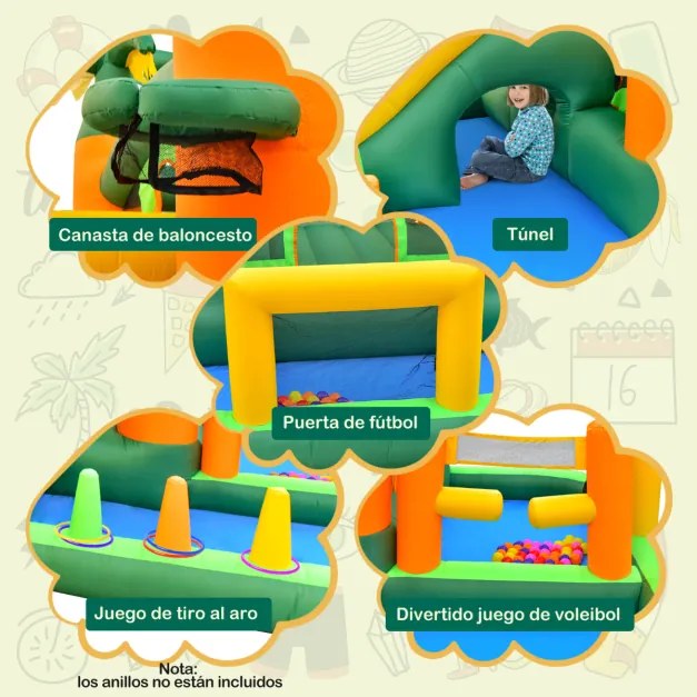 Castelo insuflável com tema palmeira tropical 8 em 1 com Ventilador de ar 2 piscinas de bolas baliza Futebol e vôlei 468 x 406 x 240 cm Multicolorido