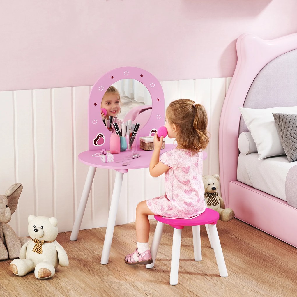 Toucador Infantil com Banco e Espelho Toucador para Meninas com Desenhos de Corações  60x43,5x83 cm  Rosa