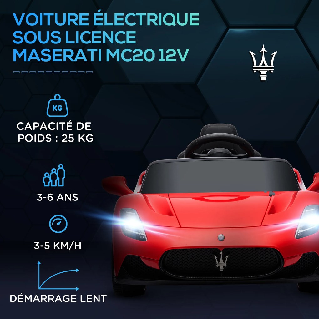Carro elétrico para crianças com licença Maserati MC20 12V, comando à distância, LED, música e buzina, 3 a 6 anos, vermelho