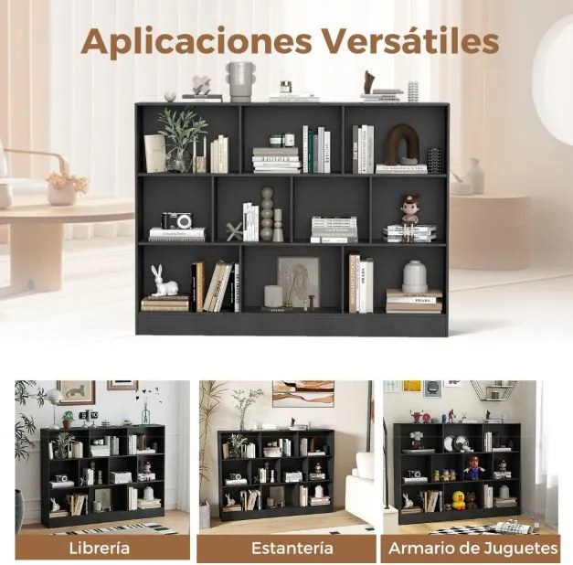 Estante com 10 cubos com armazenamento 140 x 24 x 104 cm com 3 níveis para sala de estar Quarto Preto