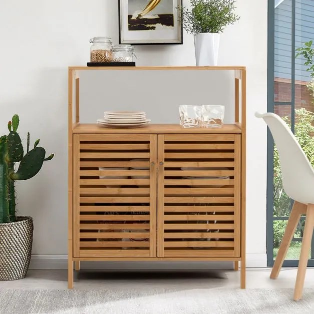 Armário de casa de banho em bambu com Estante Aberta Amovível Porta Dupla 64 x 27,5 x 80 cm Natural